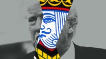 A collage illustration of a piece of a king playing card placed on top of a black and white photo of Donald Trump