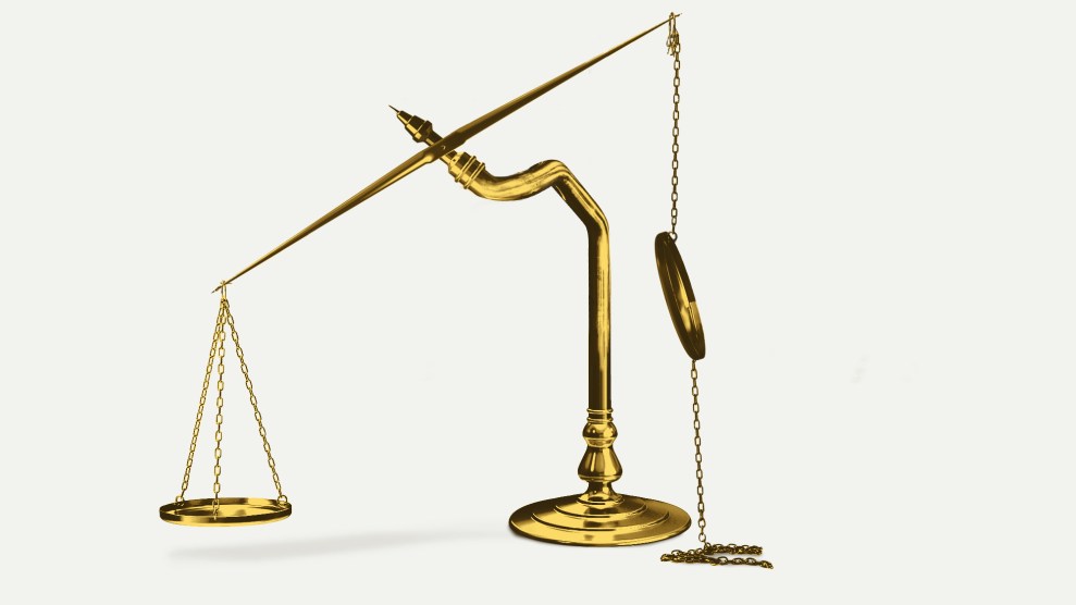 Photo illustration of the scales of justice, which is twisted and bent so much that one side of the scales has broken off and dangles precariously.